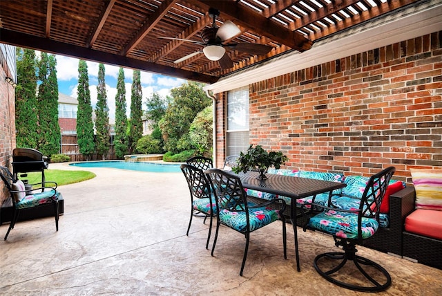 3217 Tearose Dr, Richardson, TX 75082 - view of patio featuring a ceiling fan, a pergola, an outdoor pool, and outdoor dining area