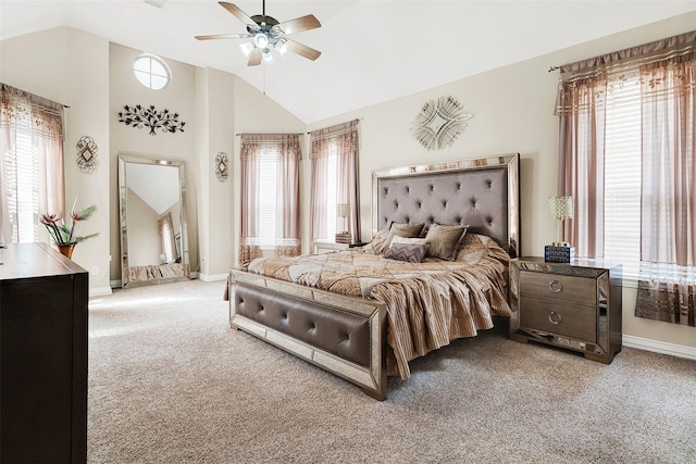 3217 Tearose Dr, Richardson, TX 75082 - bedroom with light colored carpet, vaulted ceiling, and ceiling fan