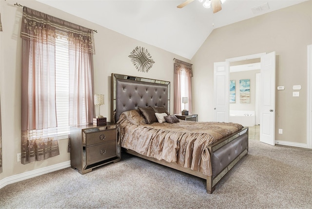 3217 Tearose Dr, Richardson, TX 75082 - carpeted bedroom featuring vaulted ceiling, ensuite bathroom, and a ceiling fan