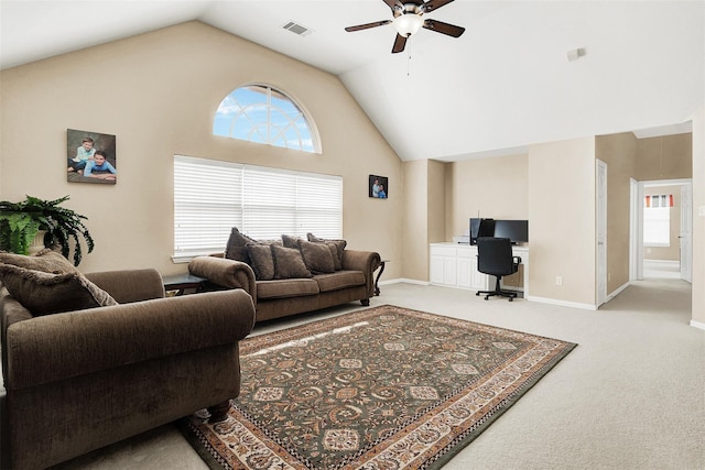 3217 Tearose Dr, Richardson, TX 75082 - living area featuring a ceiling fan, an office area, carpet flooring, vaulted ceiling, and healthy amount of natural light