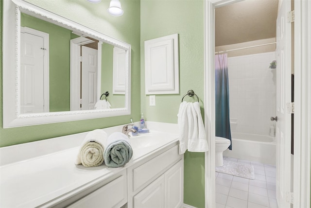 3217 Tearose Dr, Richardson, TX 75082 - full bath with vanity, shower / bath combo, tile patterned flooring, and a textured wall