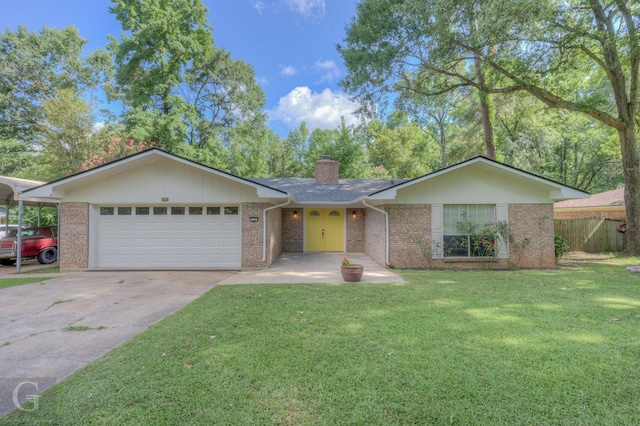 613 Pine Cone Dr, Haughton, LA 71037 - ranch-style house featuring an attached garage, a chimney, brick siding, and driveway