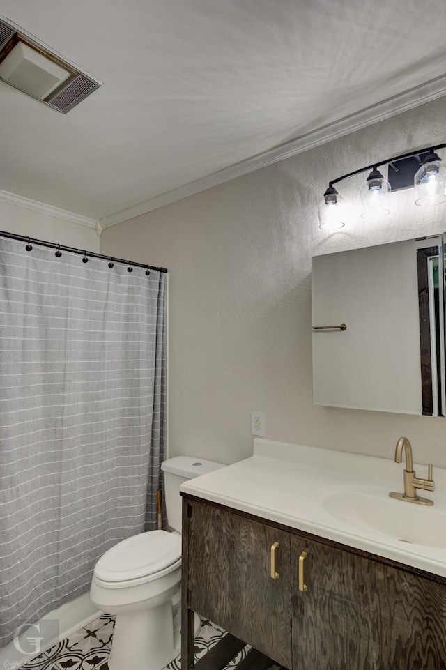 613 Pine Cone Dr, Haughton, LA 71037 - bathroom with ornamental molding, vanity, tile patterned flooring, and a shower with curtain