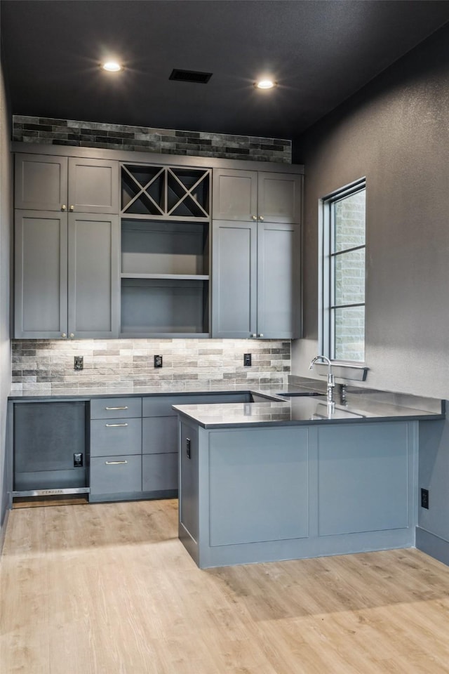 4930 Magnolia Trl, Midlothian, TX 76065 - kitchen featuring gray cabinetry, open shelves, light wood-style floors, and recessed lighting