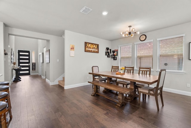 332 Augusta Ct, Oak Point, TX 75068 - dining space featuring a chandelier, dark wood finished floors, stairs, and recessed lighting