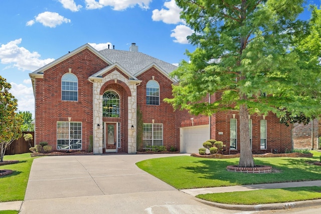 1205 Apache Lake Dr, Carrollton, TX 75010 - view of front of property with driveway, brick siding, a chimney, and an attached garage