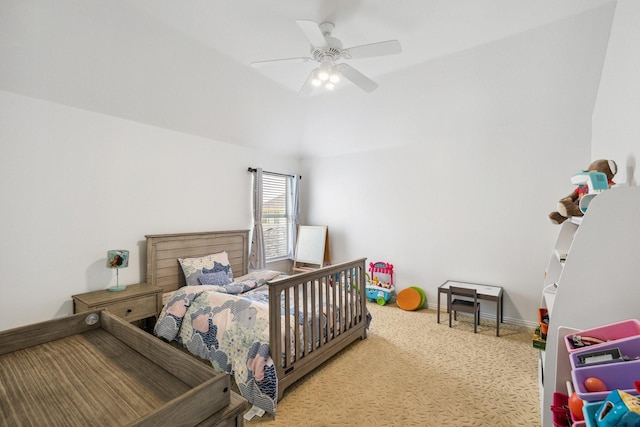 1205 Apache Lake Dr, Carrollton, TX 75010 - bedroom featuring carpet flooring, vaulted ceiling, and ceiling fan