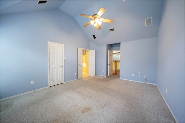 8201 Fountain Ridge Dr, Plano, TX 75025 - unfurnished bedroom featuring high vaulted ceiling, carpet flooring, ensuite bath, and ceiling fan