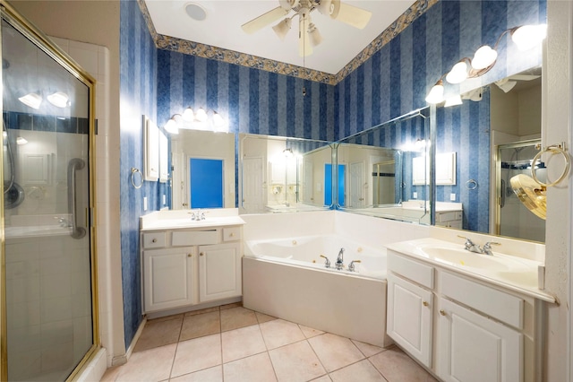 8201 Fountain Ridge Dr, Plano, TX 75025 - full bathroom with a stall shower, wallpapered walls, tile patterned floors, a tub with jets, and two vanities