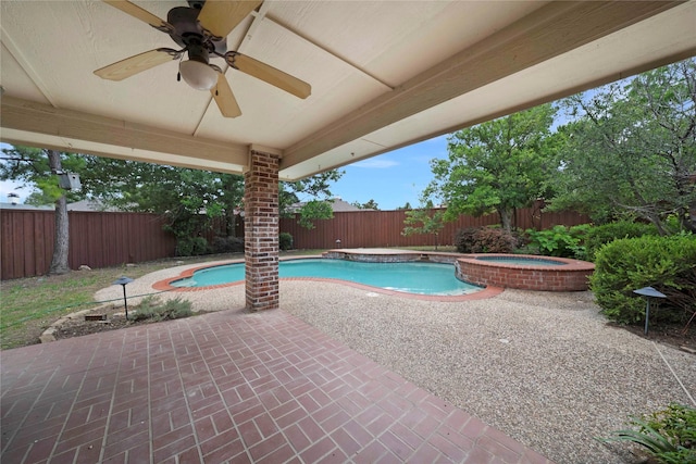 8201 Fountain Ridge Dr, Plano, TX 75025 - view of pool with a fenced backyard, ceiling fan, a patio area, and a pool with connected hot tub