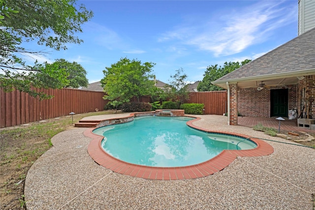 8201 Fountain Ridge Dr, Plano, TX 75025 - view of pool with a fenced backyard, a patio area, a pool with connected hot tub, and ceiling fan