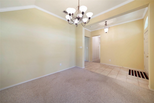 8201 Fountain Ridge Dr, Plano, TX 75025 - empty room featuring a chandelier, light carpet, crown molding, and light tile patterned floors