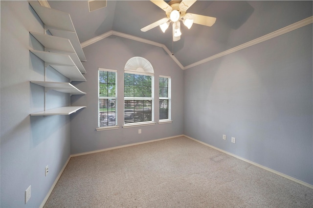 8201 Fountain Ridge Dr, Plano, TX 75025 - spare room featuring carpet, ceiling fan, vaulted ceiling, and crown molding