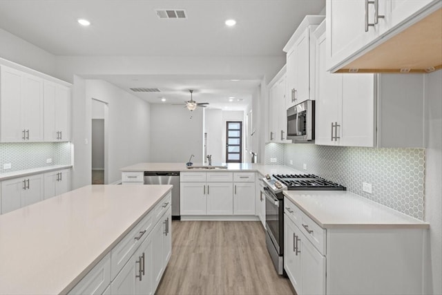 2105 Hazel Lily Run, Mesquite, TX 75181 - kitchen featuring stainless steel appliances, light countertops, light wood-style flooring, a ceiling fan, and a peninsula