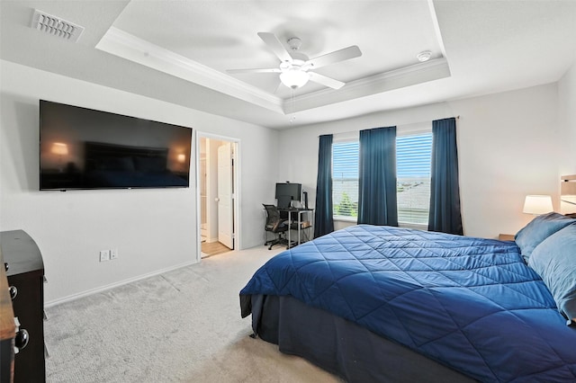 14004 Haggerston Dr, Pilot Point, TX 76258 - bedroom featuring a tray ceiling, crown molding, carpet floors, and a ceiling fan