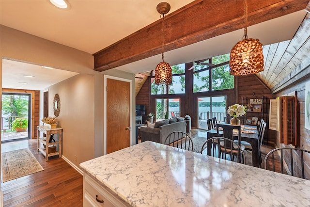 329 Hickory Hill Ln, Scroggins, TX 75480 - kitchen featuring healthy amount of natural light, a ceiling fan, dark wood-style floors, light stone countertops, and recessed lighting