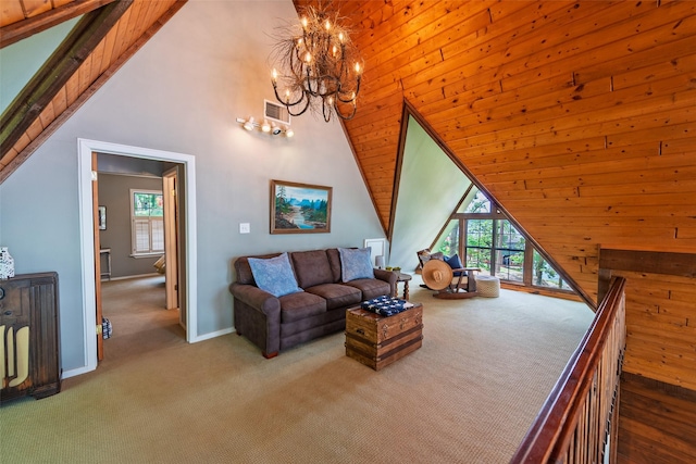 329 Hickory Hill Ln, Scroggins, TX 75480 - carpeted living room with healthy amount of natural light, a chandelier, and high vaulted ceiling