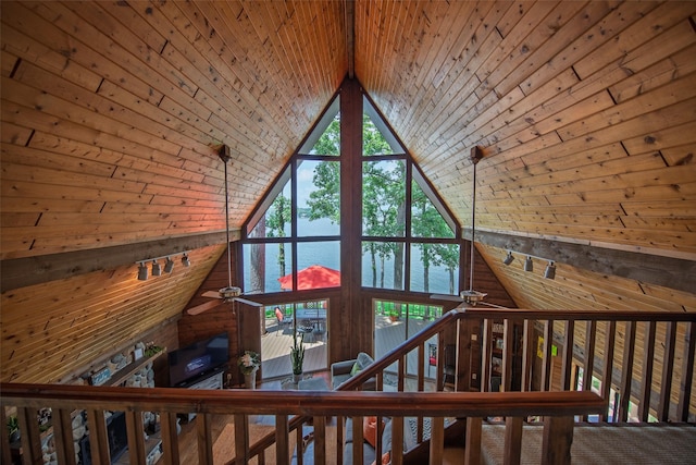 329 Hickory Hill Ln, Scroggins, TX 75480 - interior space featuring ceiling fan, wood ceiling, and wood walls