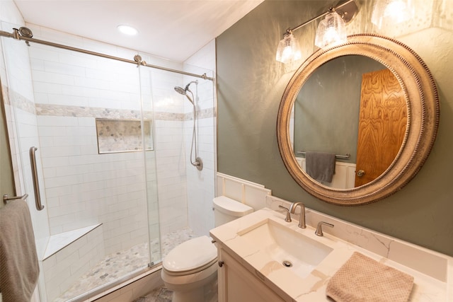 329 Hickory Hill Ln, Scroggins, TX 75480 - bathroom with a stall shower, vanity, and recessed lighting