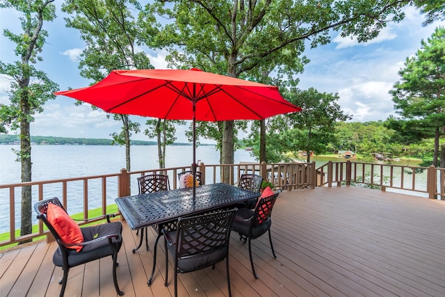 329 Hickory Hill Ln, Scroggins, TX 75480 - wooden terrace with a water view and outdoor dining area