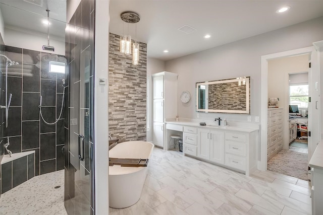 720 Glade Park Ct, Azle, TX 76020 - bathroom featuring a stall shower, a freestanding tub, vanity, recessed lighting, and marble finish flooring
