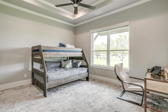 720 Glade Park Ct, Azle, TX 76020 - carpeted bedroom featuring a tray ceiling, ornamental molding, and a ceiling fan