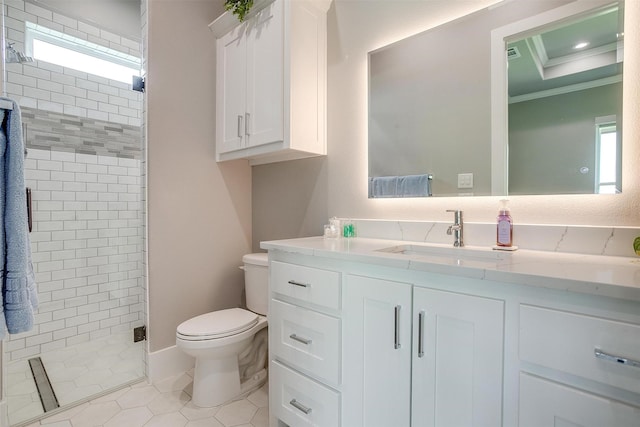720 Glade Park Ct, Azle, TX 76020 - bathroom featuring vanity, a stall shower, tile patterned flooring, healthy amount of natural light, and ornamental molding