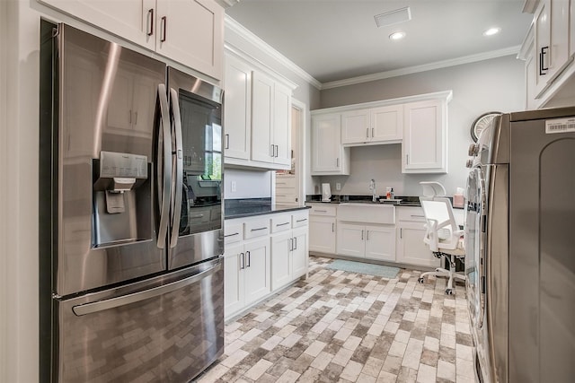 720 Glade Park Ct, Azle, TX 76020 - kitchen with stainless steel refrigerator with ice dispenser, fridge, ornamental molding, dark countertops, and white cabinetry