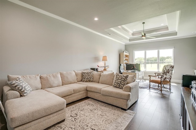 720 Glade Park Ct, Azle, TX 76020 - living area featuring a ceiling fan, recessed lighting, crown molding, a raised ceiling, and dark wood-style flooring