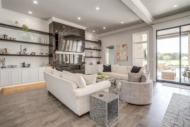 720 Glade Park Ct, Azle, TX 76020 - living area with crown molding, light wood-type flooring, recessed lighting, and wet bar