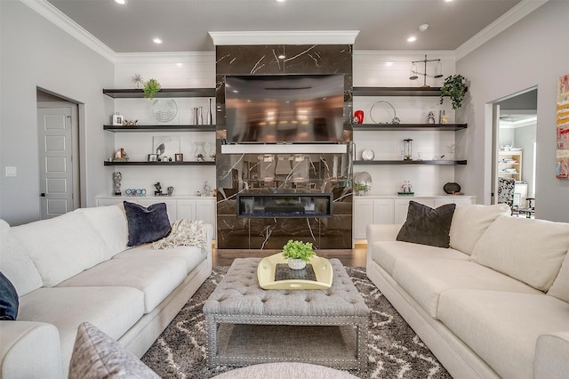 720 Glade Park Ct, Azle, TX 76020 - living area featuring crown molding, recessed lighting, a fireplace, and wood finished floors