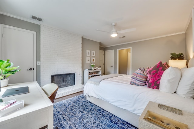 9126 Valley Chapel Ln, Dallas, TX 75220 - bedroom with crown molding, a brick fireplace, wood finished floors, and a ceiling fan