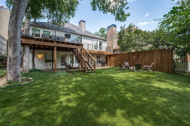 9126 Valley Chapel Ln, Dallas, TX 75220 - rear view of property with stairway, a wooden deck, a chimney, and an outdoor fire pit