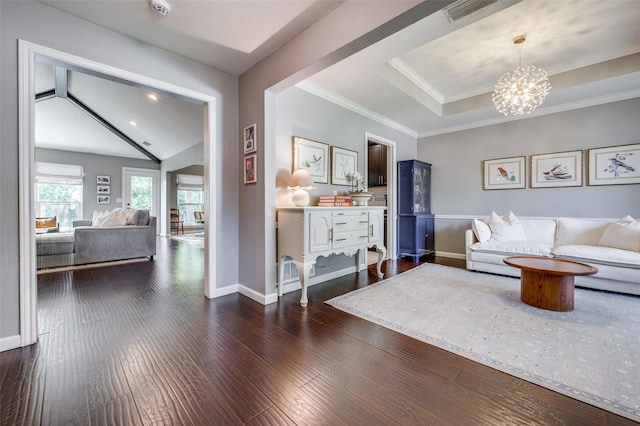 9126 Valley Chapel Ln, Dallas, TX 75220 - living area with a chandelier, wood finished floors, ornamental molding, vaulted ceiling, and recessed lighting