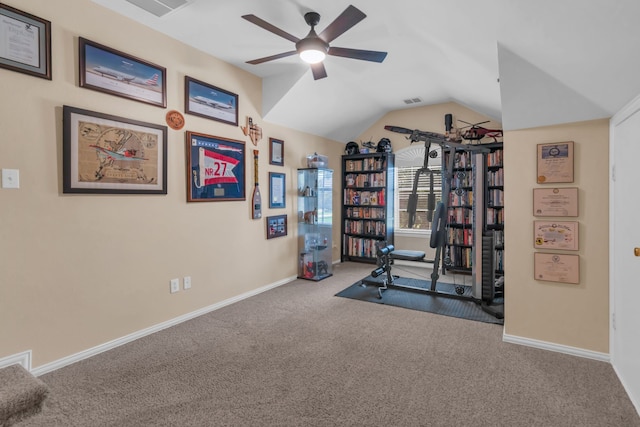 5233 Scenic Point Dr, Fort Worth, TX 76244 - workout area featuring carpet floors, ceiling fan, and vaulted ceiling