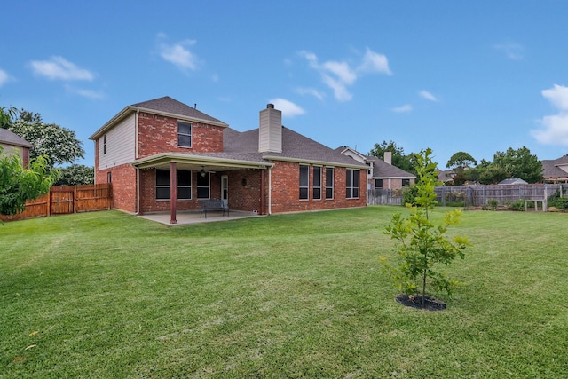 5233 Scenic Point Dr, Fort Worth, TX 76244 - rear view of house featuring brick siding, a patio, a chimney, a fenced backyard, and roof with shingles