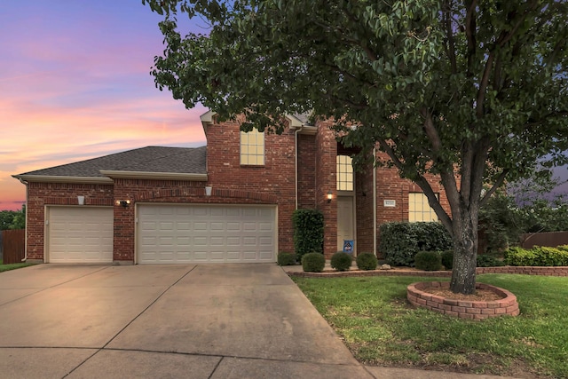 5233 Scenic Point Dr, Fort Worth, TX 76244 - view of front of home with concrete driveway, an attached garage, brick siding, a yard, and roof with shingles