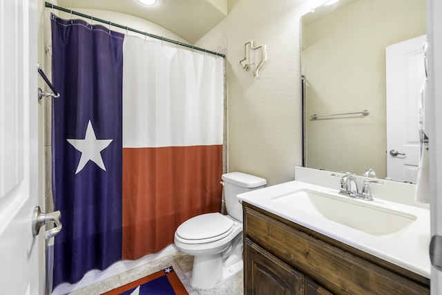 2600 Canyon Wren Ln, Fort Worth, TX 76244 - full bathroom featuring vanity, a shower with shower curtain, tile patterned floors, and a textured wall
