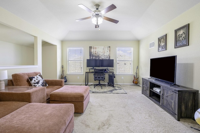 2600 Canyon Wren Ln, Fort Worth, TX 76244 - living area featuring a ceiling fan, carpet, an office area, and lofted ceiling