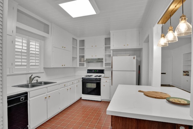 473 Albany Ave, Shreveport, LA 71105 - kitchen featuring white appliances, under cabinet range hood, open shelves, white cabinetry, and light countertops