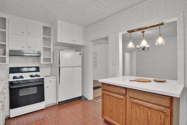 473 Albany Ave, Shreveport, LA 71105 - kitchen with white appliances, under cabinet range hood, open shelves, a chandelier, and light countertops