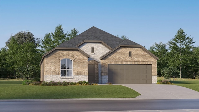 1333 Francesca Dr, Little Elm, TX 75068 - french country home with a garage, concrete driveway, a front yard, brick siding, and stone siding