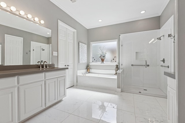 4105 Tree House Ln, Corinth, TX 76208 - bathroom featuring ornamental molding, a garden tub, a stall shower, vanity, and marble finish floors