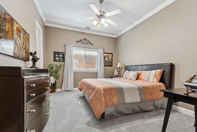 4105 Tree House Ln, Corinth, TX 76208 - bedroom with light colored carpet, crown molding, and a ceiling fan