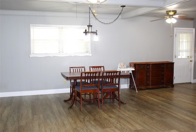 590 N Charlotte Ave, Stephenville, TX 76401 - dining area with wood finished floors, a ceiling fan, and crown molding