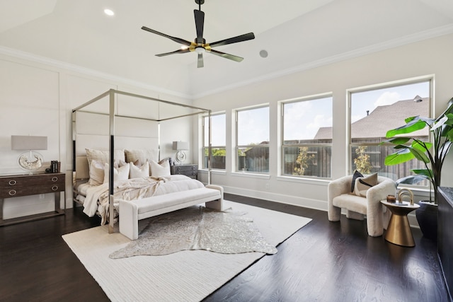 4400 Honeyvine Ln, Prosper, TX 75078 - bedroom featuring wood finished floors, ornamental molding, recessed lighting, and ceiling fan