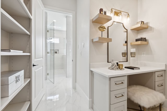 4400 Honeyvine Ln, Prosper, TX 75078 - full bath with marble tiled flooring, vanity, and a shower stall