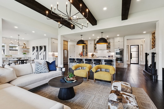 4400 Honeyvine Ln, Prosper, TX 75078 - living area featuring a chandelier, dark wood finished floors, beam ceiling, and recessed lighting