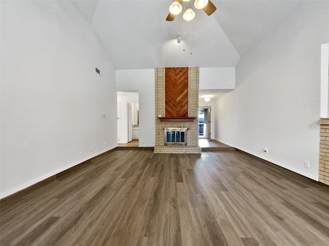 5417 Grissom Dr, Arlington, TX 76016 - unfurnished living room with a fireplace, a ceiling fan, high vaulted ceiling, and wood finished floors