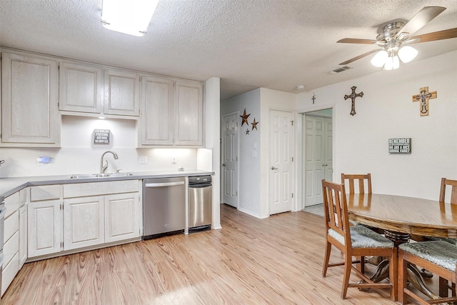 321 E Hampton Rd, Crowley, TX 76036 - kitchen featuring stainless steel dishwasher, light wood-style flooring, a textured ceiling, ceiling fan, and light countertops